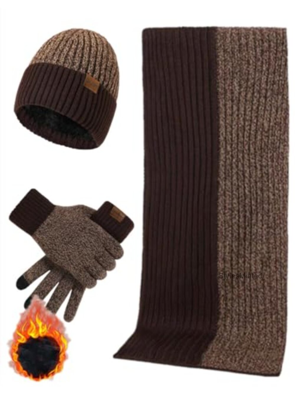 Men's Winter Knit Beanie Scarf & Touchscreen Glove Set 3 Pc Warm Fleece Lined